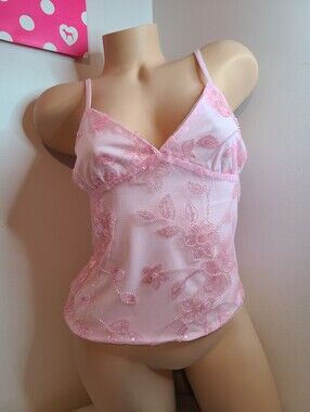 Just Polly Pretty Pink Sequin Embellished Mesh Cami Tank Size Lg